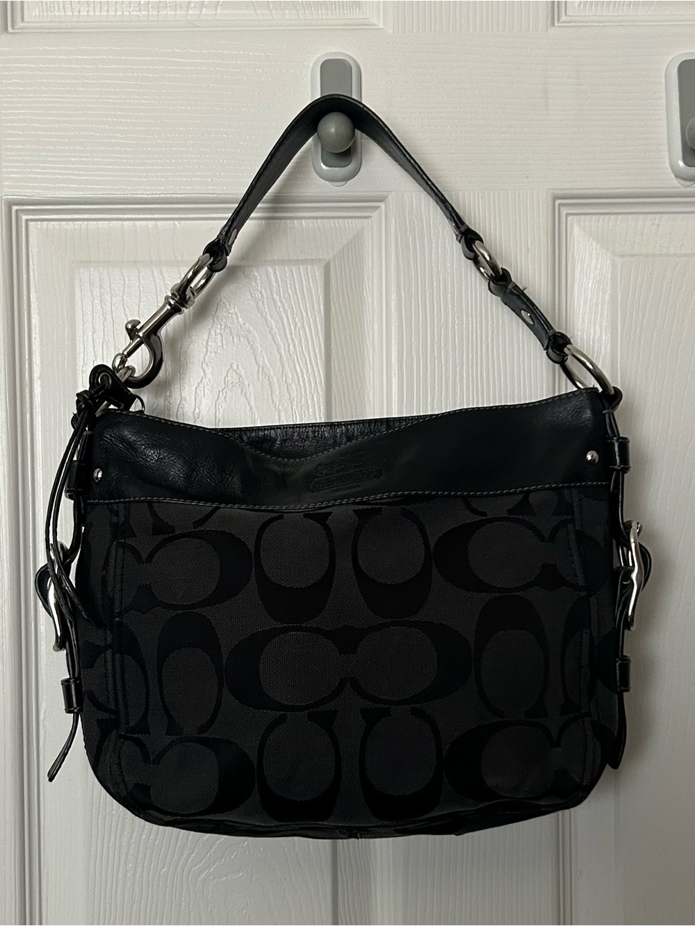 Coach Zoe Y2K Black Signature Canvas Shoulder Bag with Leather Trim